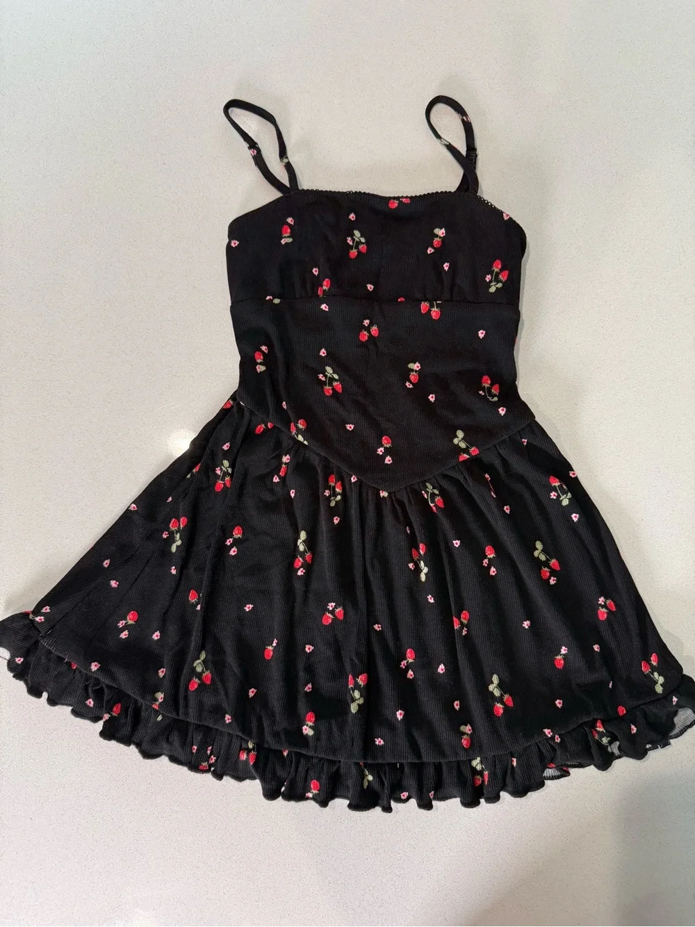 art class Black Spaghetti Strap Dress with Red Cherry Print